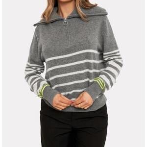 NEW BRODIE CASHMERE sabrina stripe zip polo in mid grey/haze neon yellow